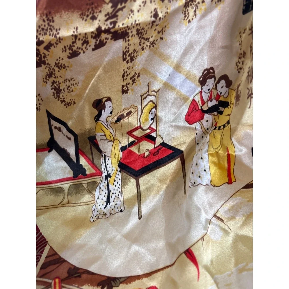 Vintage Asian-Inspired Silk Scarf With‎ Traditional Artwork & Calligraphy